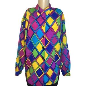 Vintage 80s Impressions Colorful Diamond Print Blouse